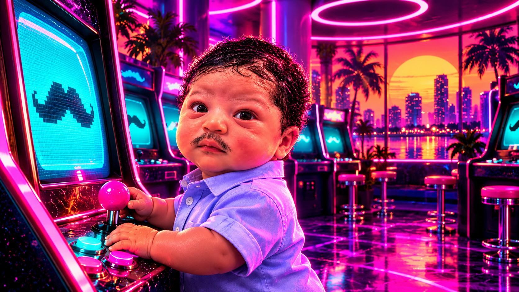 The blue-shirted little citizen at a retro arcade machine under pink and teal lights
