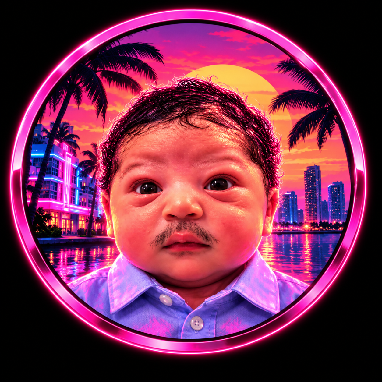 The tiny moustached citizen in a blue shirt, surrounded by a pink neon ring and Miami palms