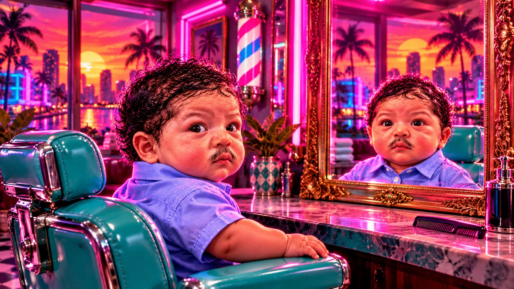 The little boss sits in a turquoise barber chair and inspects his tiny moustache