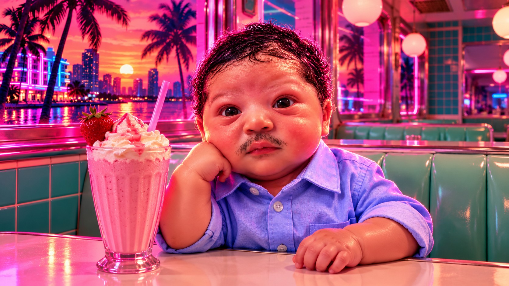 A deadpan moustached baby with a strawberry milkshake in a neon diner booth