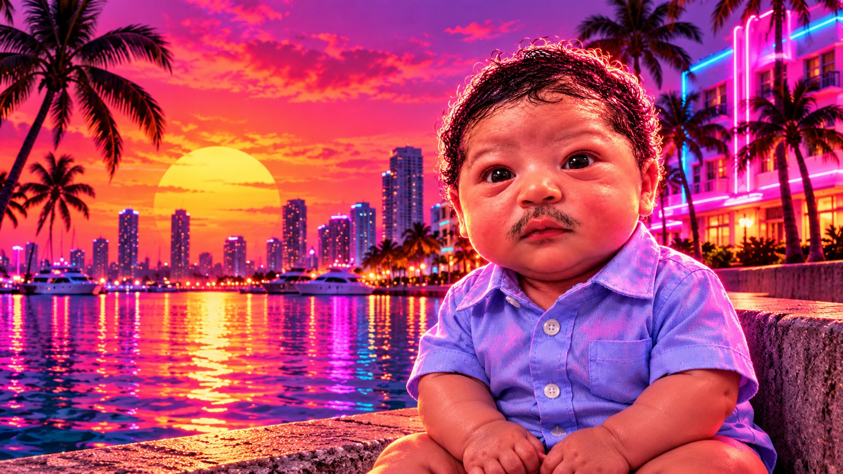 Our tiny moustached resident sitting on the marina seawall at a pink and orange sunset