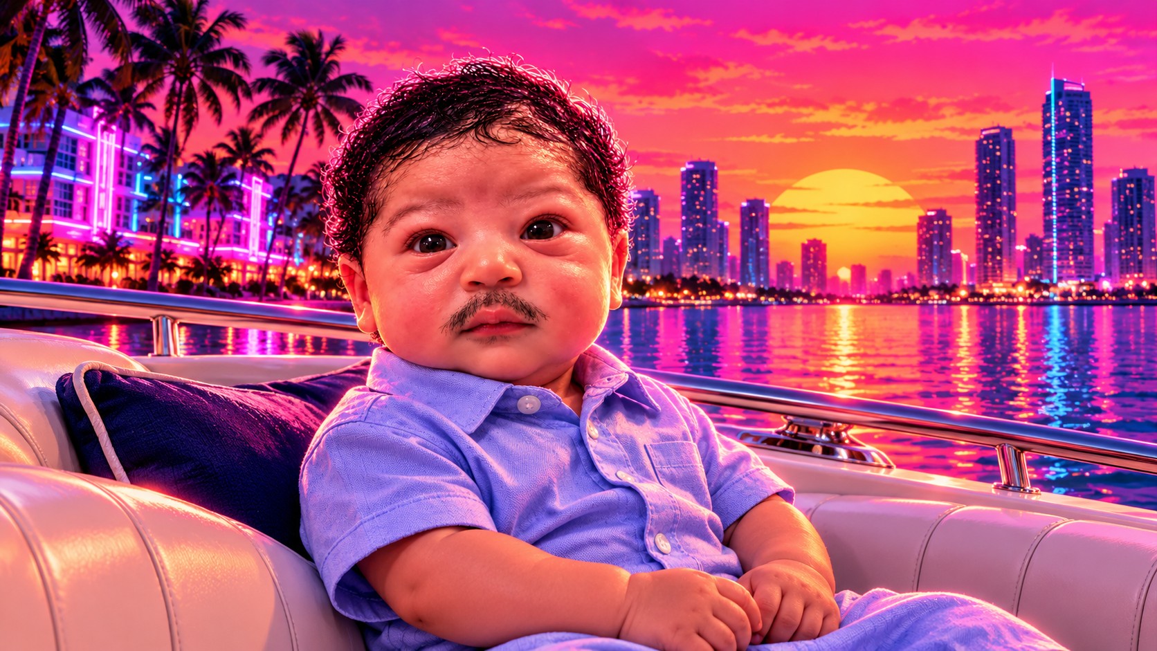 The tiny moustached boss unwinds on a yacht bench with the sunset harbor behind him